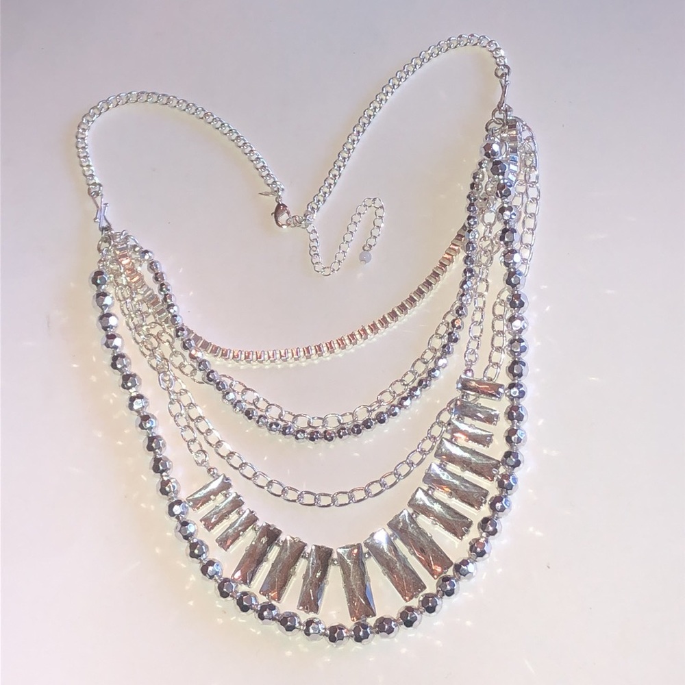 Silver Tone Multi-Layer Chain Boho Statement Necklace
